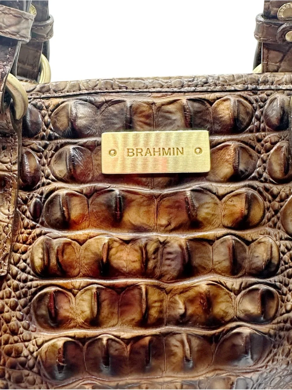 Brahmin Mini Asher Toasted Almond Melbourne Croc Embossed Leather Satchel Bag